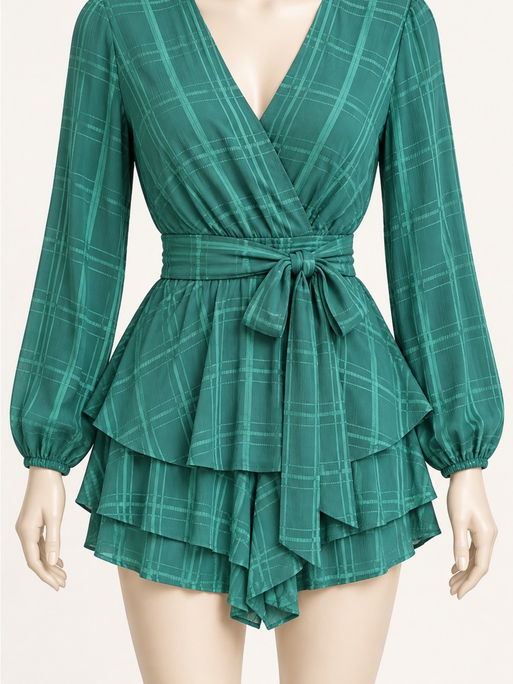 Teal Plaid Wrap Mini Dress with Tiered Ruffle Skirt